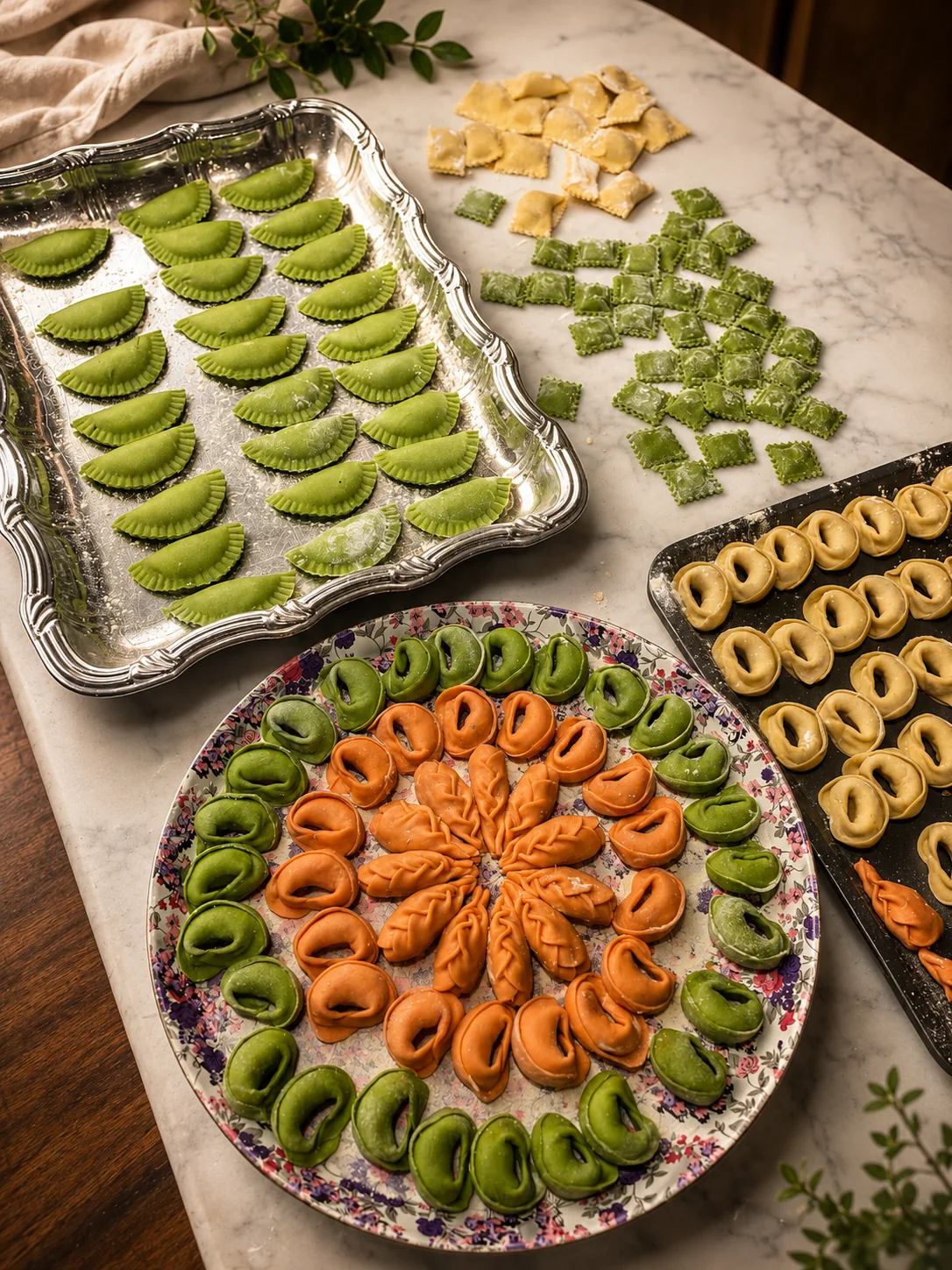 Colourful handmade pasta displayed on a platter